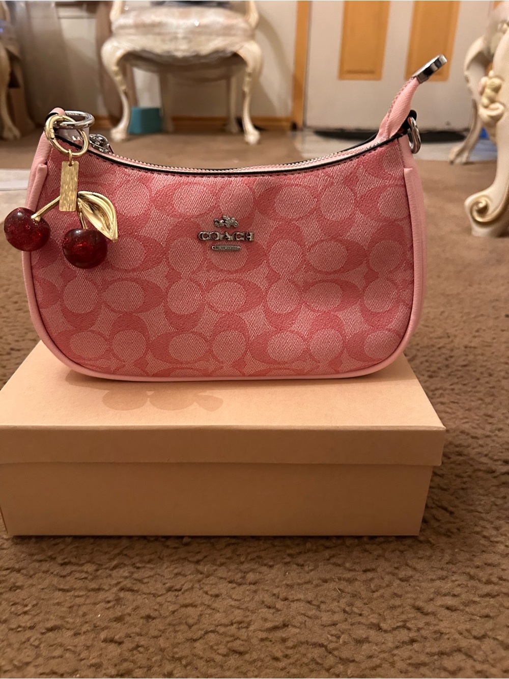 Coach Pink Signature Canvas Mini Shoulder Bag with Cherry Charm